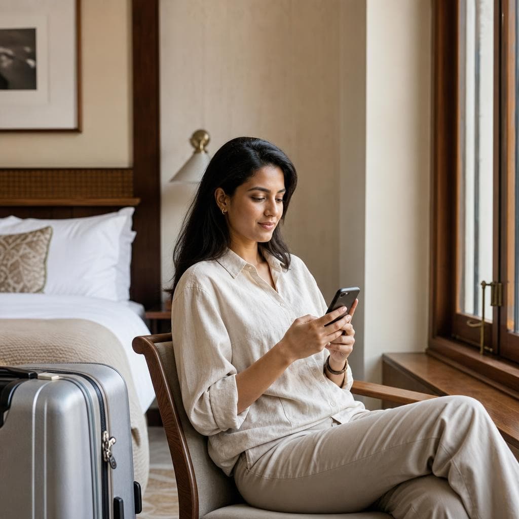 A guest in a boutique hotel room typing a message on her phone