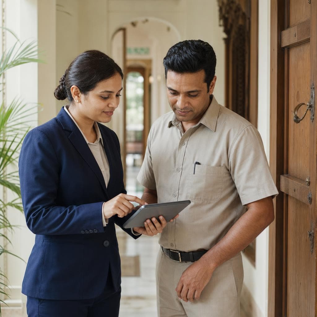 A duty manager and a maintenance colleague reviewing a task together on a tablet